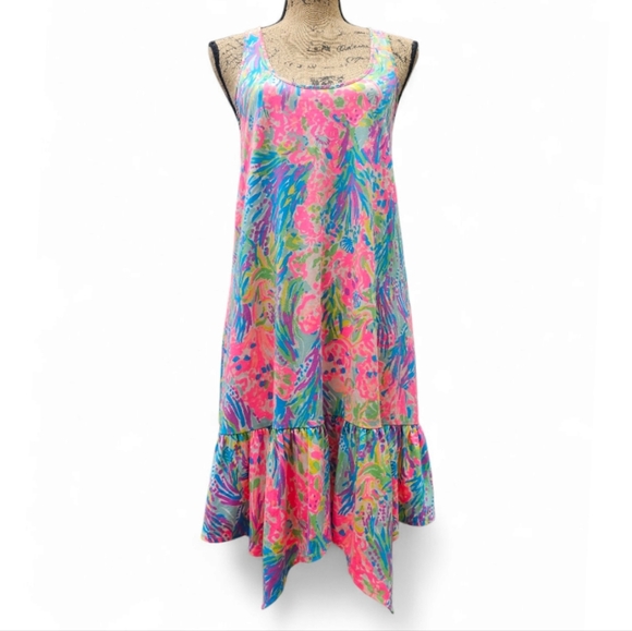 Lilly Pulitzer Pink and Blue Tropical Ruffled Sundress, Size S - Picture 1 of 7